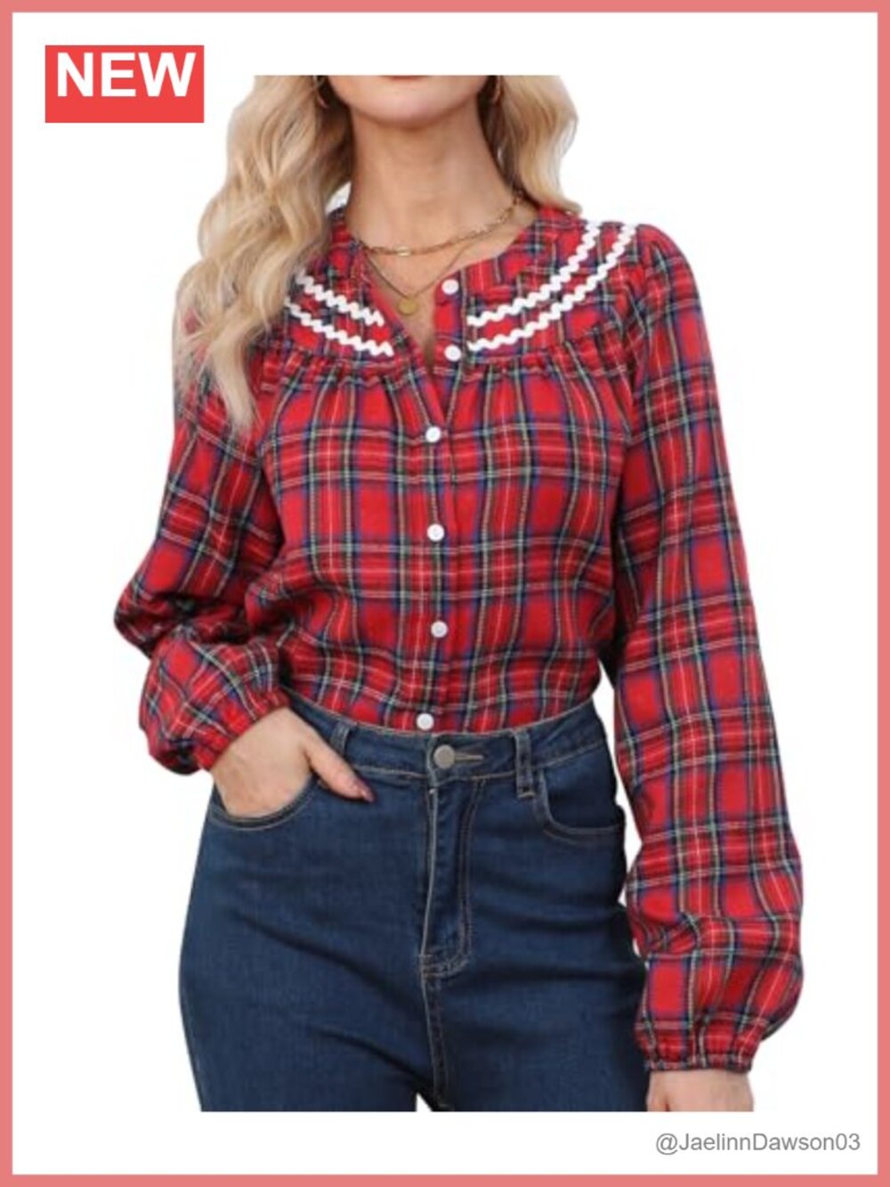 Womens Long Sleeve Button Down Shirt Smocked Collar Plaid Blouse